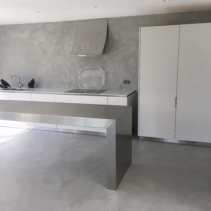 kitchen polished concrete flooring and walls in Ardex Pandomo Loft and Pandomo Wall mid grey